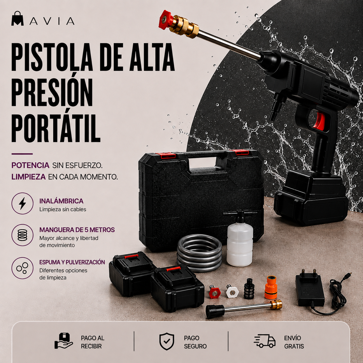MAVIA PLUS™ - Pistola Alta Presión Inalámbrica Portátil - Limpieza potente, donde quieras.