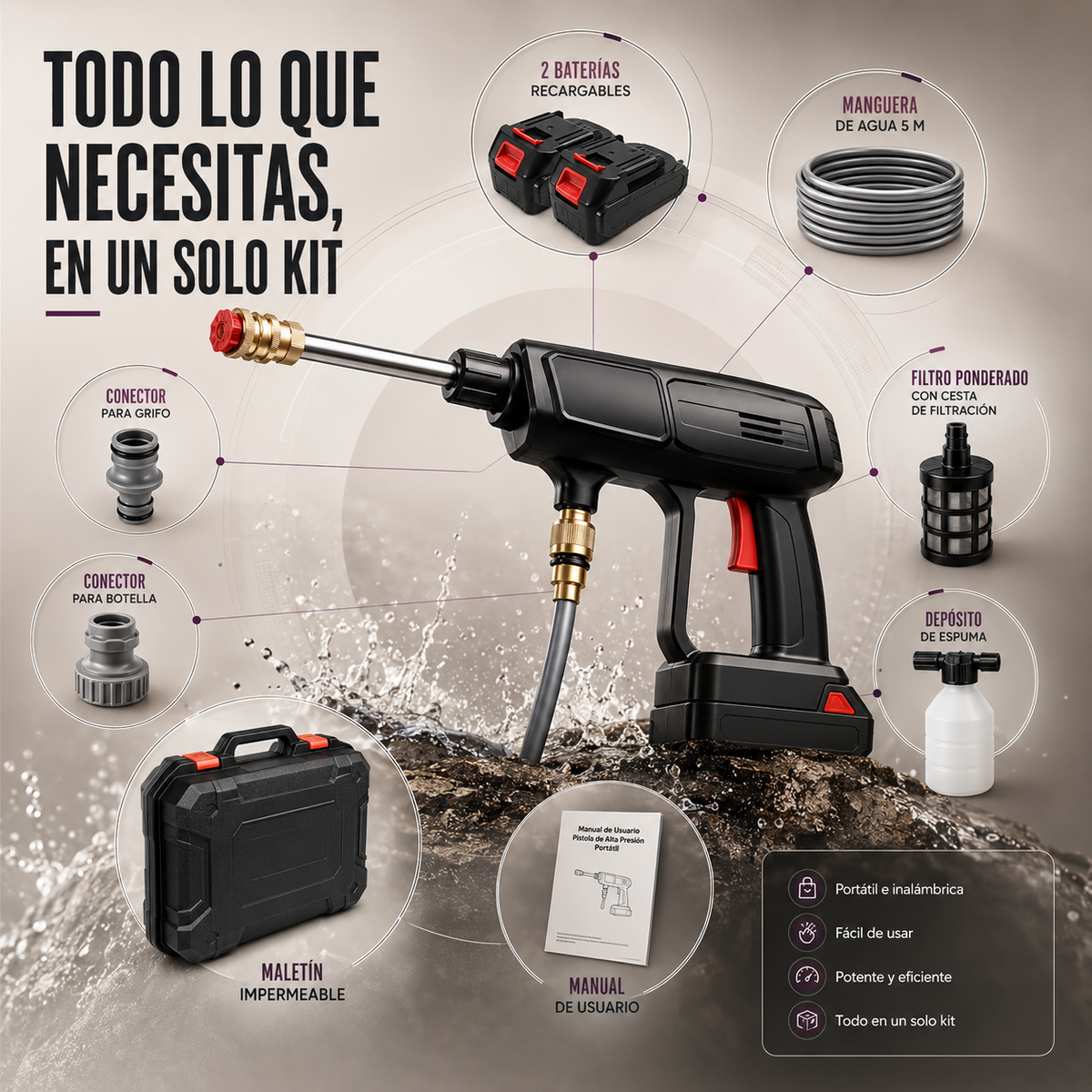 MAVIA PLUS™ - Pistola Alta Presión Inalámbrica Portátil - Limpieza potente, donde quieras.