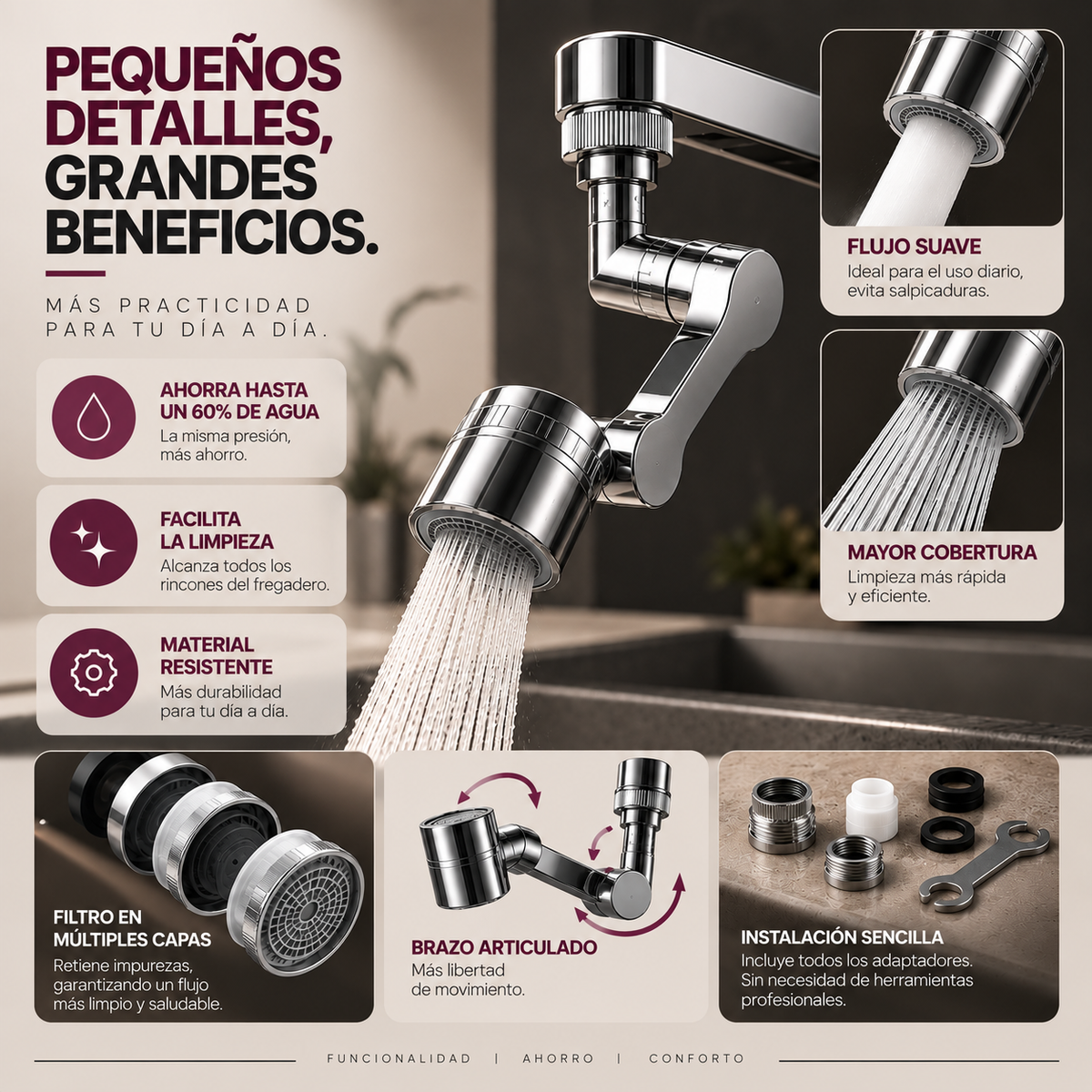 MAVIA PLUS™ - Grifo Giratorio 360° Multifuncional - Disfruta de una limpieza más práctica cada día.